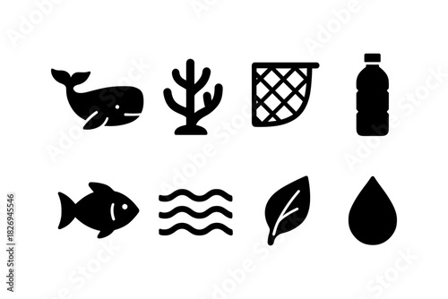 Silhouette icons: marine life, pollution, and nature conservation