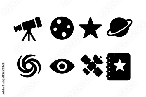 Astronomy icons collection: telescopes, planets, and space symbols in flat design