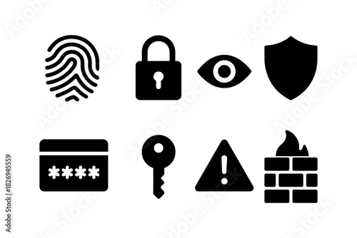 Cybersecurity icons: modern silhouettes for digital protection and privacy solutions