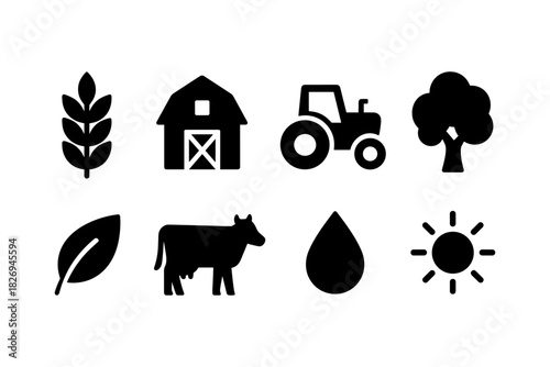 Farming essentials silhouette icons: barn, tractor, tree, cow, and more