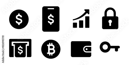 Financial icons collection: cryptocurrency, security, and mobile payments