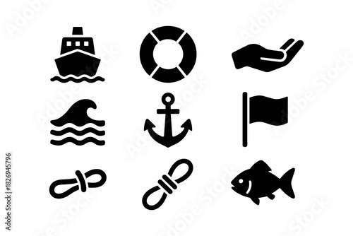 Nautical silhouette icons: anchor, ship, lifebuoy, waves, and fish collection