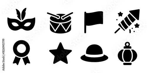 Carnival celebration icons: mask, drum, flag, firework, ribbon, star, hat, lantern silhouettes