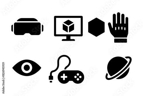 Black icons of virtual reality, gaming, eye, planet, and technology elements