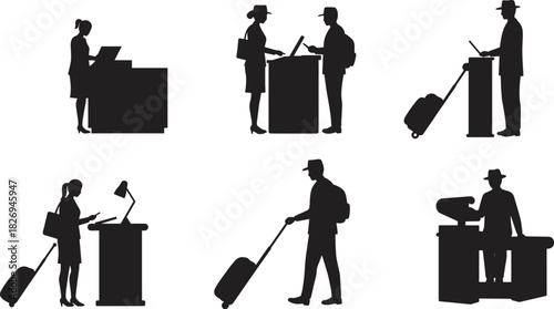 Business travelers at airport check-in counters, pulling luggage, interacting with staff, using kiosks, suitcase, travel process, customer service concept.