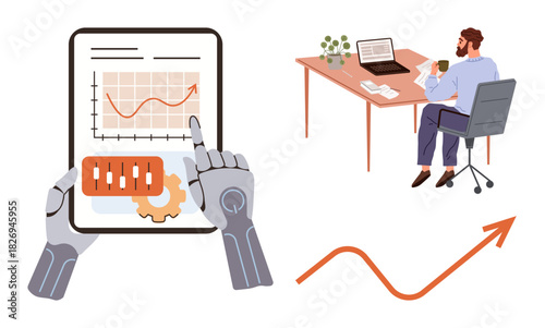 Robotic hands analyzing rising data graph on tablet, man working remotely at desk with laptop, coffee. Ideal for AI, business trends, digital transformation, work productivity, innovation