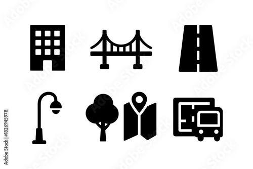 Urban icons: building, bridge, road, lamp, tree, map, bus blueprint