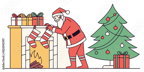 Santa Claus is putting stockings by the fireplace near a decorated Christmas tree, preparing for gift-giving.