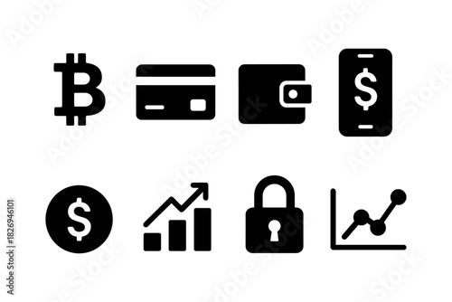Blockchain and finance icons: cryptocurrency, wallet, and security symbols