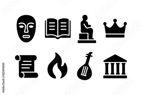 Ancient culture icons: mask, scroll, statue, lute, fire, crown, literature, architecture