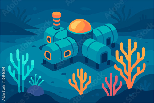 Underwater research facility with dome and colorful coral in isometric design