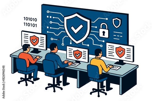 Cybersecurity team in an isometric office setting