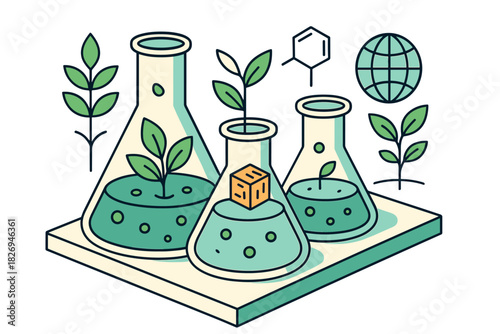Scientific innovation in eco-friendly biotechnology with plants and lab equipment