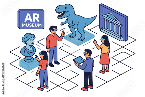 Interactive augmented reality museum experience with historical artifacts and dinosaurs
