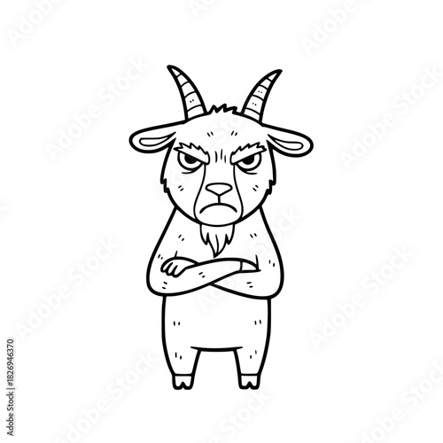 A cartoon illustration of a stern goat, its face etched with an expression of annoyance. its horns proudly on display and its arms crossed in a pose of disapproval. vector illustration