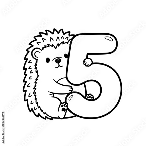 A charming hedgehog cuddles a bold number 5, a whimsical illustration perfect for children's educational materials or playful designs. vector illustration