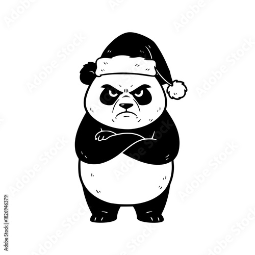 A grumpy panda in a festive holiday hat, embodies a cute yet irate demeanor, showcasing an amusing contradiction. vector illustration