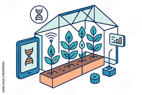 Isometric smart greenhouse concept with genetic technology and iot integration