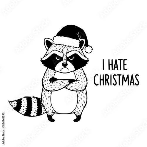 A grumpy raccoon in a Santa hat, embodying holiday disdain in a humorous black and white cartoon. vector illustration
