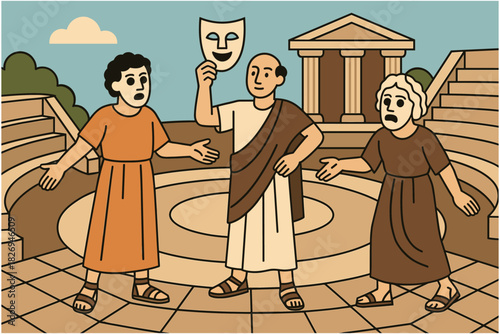 Ancient greek theatre scene: actors with masks in classic amphitheater setting