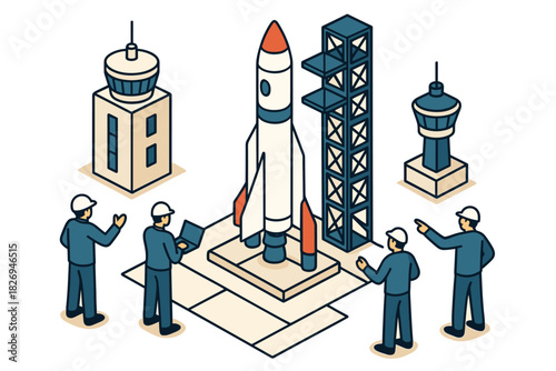 Isometric space launch scene with engineers and rocket for modern tech designs