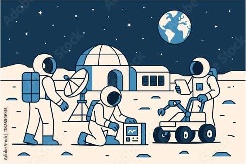 Astronauts conducting research on lunar surface with earth in the background