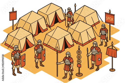 Isometric roman military camp with soldiers in armor and equipment