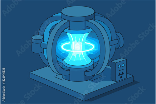 Futuristic nuclear fusion reactor design in isometric style with glowing energy core