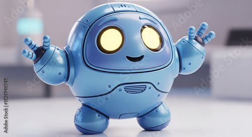 A friendly blue robot with yellow eyes and a smiling face raising its hands in a welcoming gesture