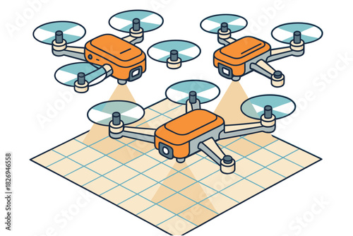 Isometric drone fleet in coordinated flight over grid surface