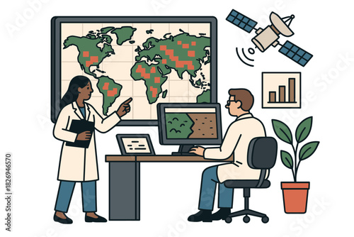Scientists analyze global data with satellites and computers in office setting