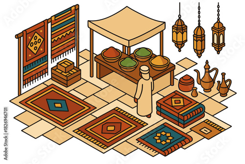 Isometric bazaar scene with rugs and lanterns in warm earth tones