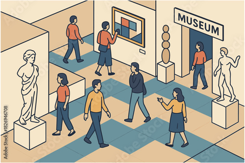 Visitors exploring an art museum interior scene with statues and paintings in isometric design