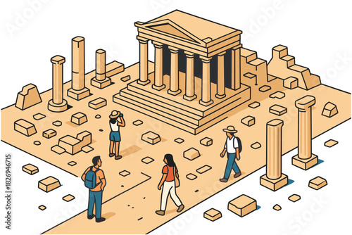 Ancient greek ruins with tourists exploring isometric architecture