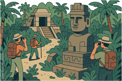 Explorers discovering ancient ruins in jungle landscape
