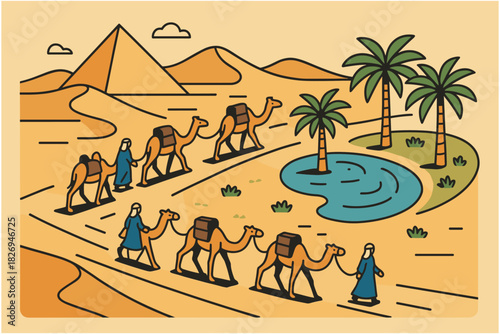 Caravan crossing desert with camels in minimalist style oasis scene