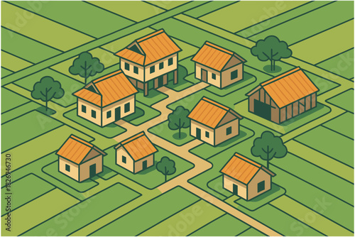 Isometric rural village with houses and paths amidst green fields
