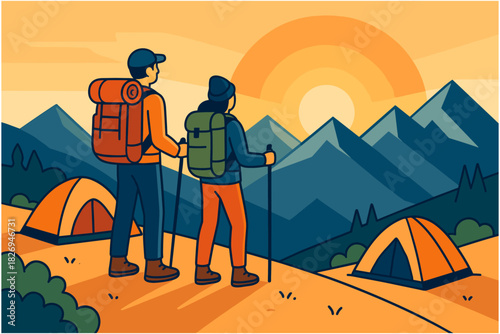 Adventure campers enjoying scenic mountain sunset with tents and backpacks