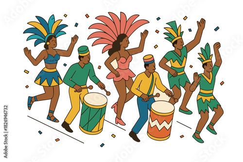 Energetic carnival parade with colorful costumes and drummers in celebration