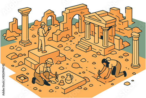 Archaeologists uncover ancient ruins: excavation in isometric archaeology scene