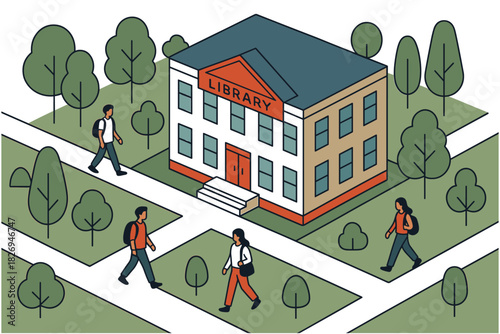 Isometric library with walking students in campus environment