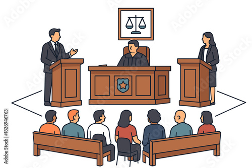Courtroom drama: legal proceedings with judge, lawyers, and jury in vibrant style