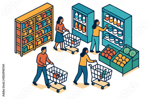 Isometric grocery shopping scene with people and shopping carts in a store