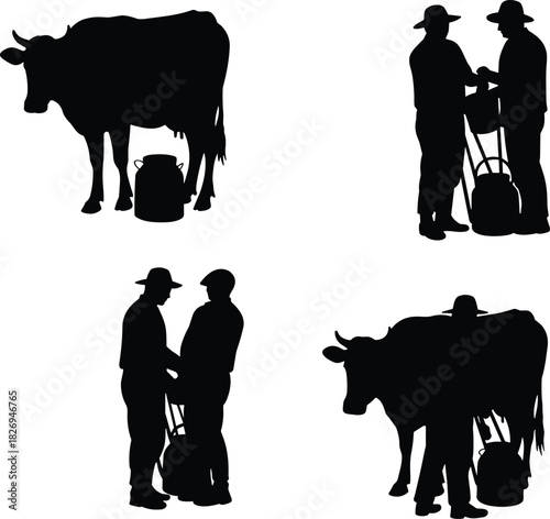 Dairy farming silhouettes with cow and milk can, farmer milking cow, rural agriculture scene, black vector illustration, village pastoral design