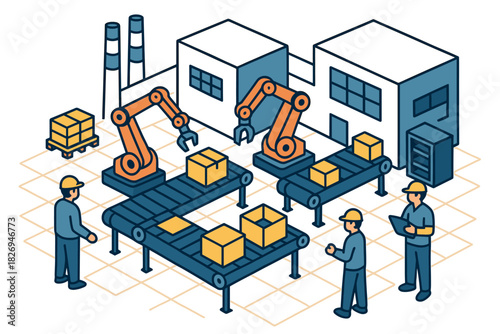Isometric factory automation with robotic arms and workers in a modern production facility