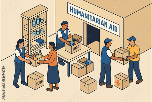 Humanitarian aid volunteers organizing and distributing food supplies in isometric style