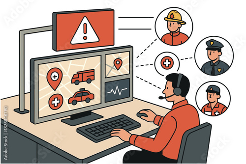Emergency response communication center with dispatcher and first responders in isometric style