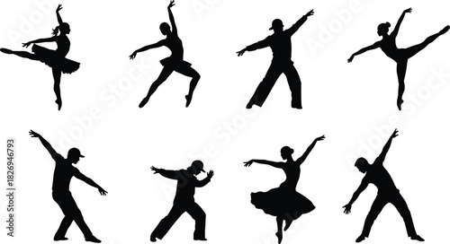 Dance silhouette, ballet dancer, modern dancer, hip hop, contemporary style, artistic movement, performing arts, male dancer, female dancer, choreography