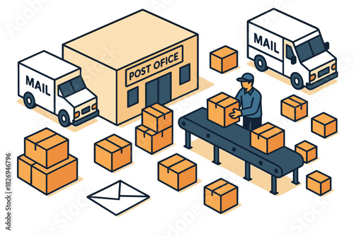 Isometric postal service concept with mail truck, post office, and packages