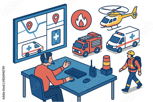 Emergency response coordination center with ambulance, fire truck, and helicopter in isometric style